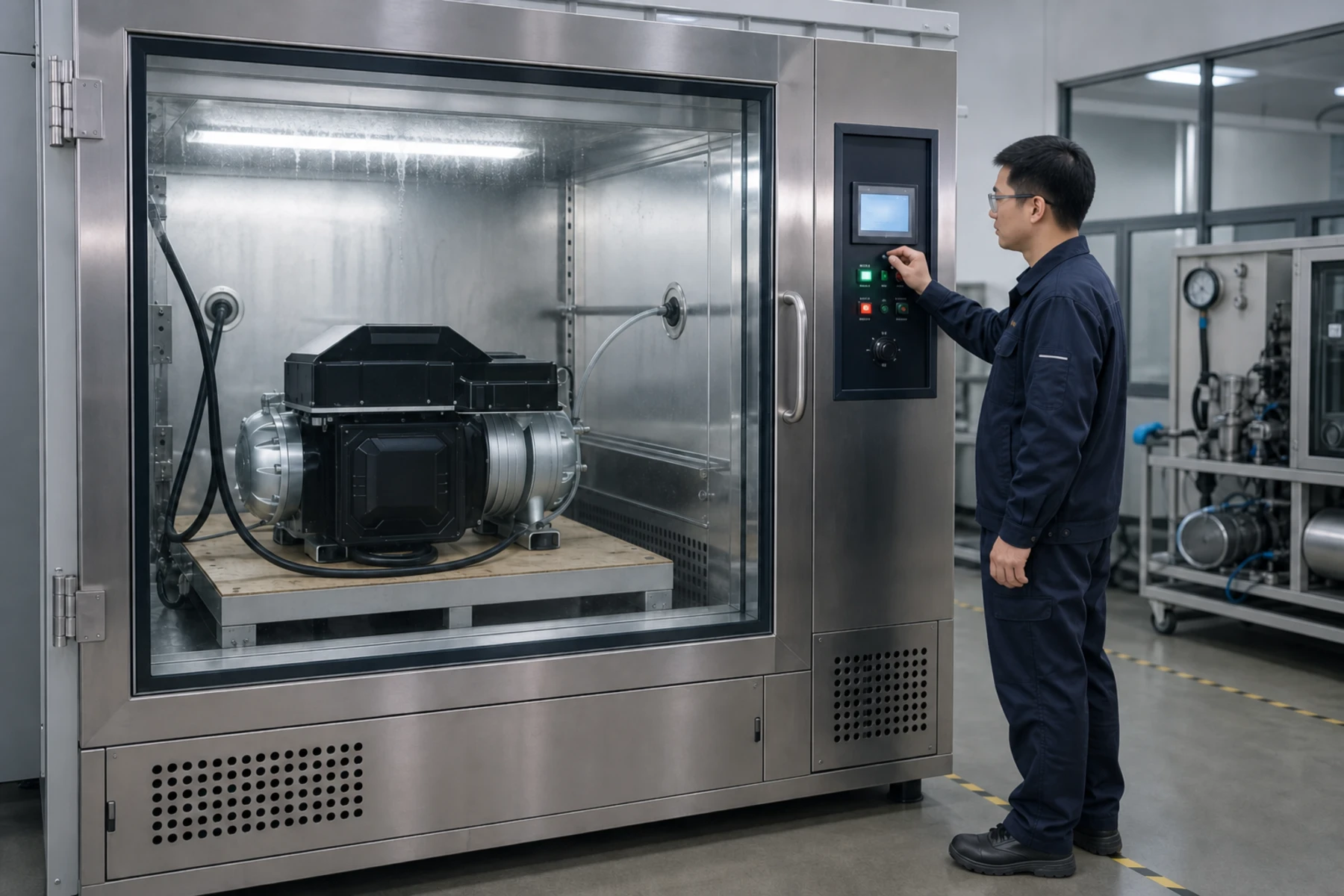 Illustration of compressor equipment inside a humidity test chamber