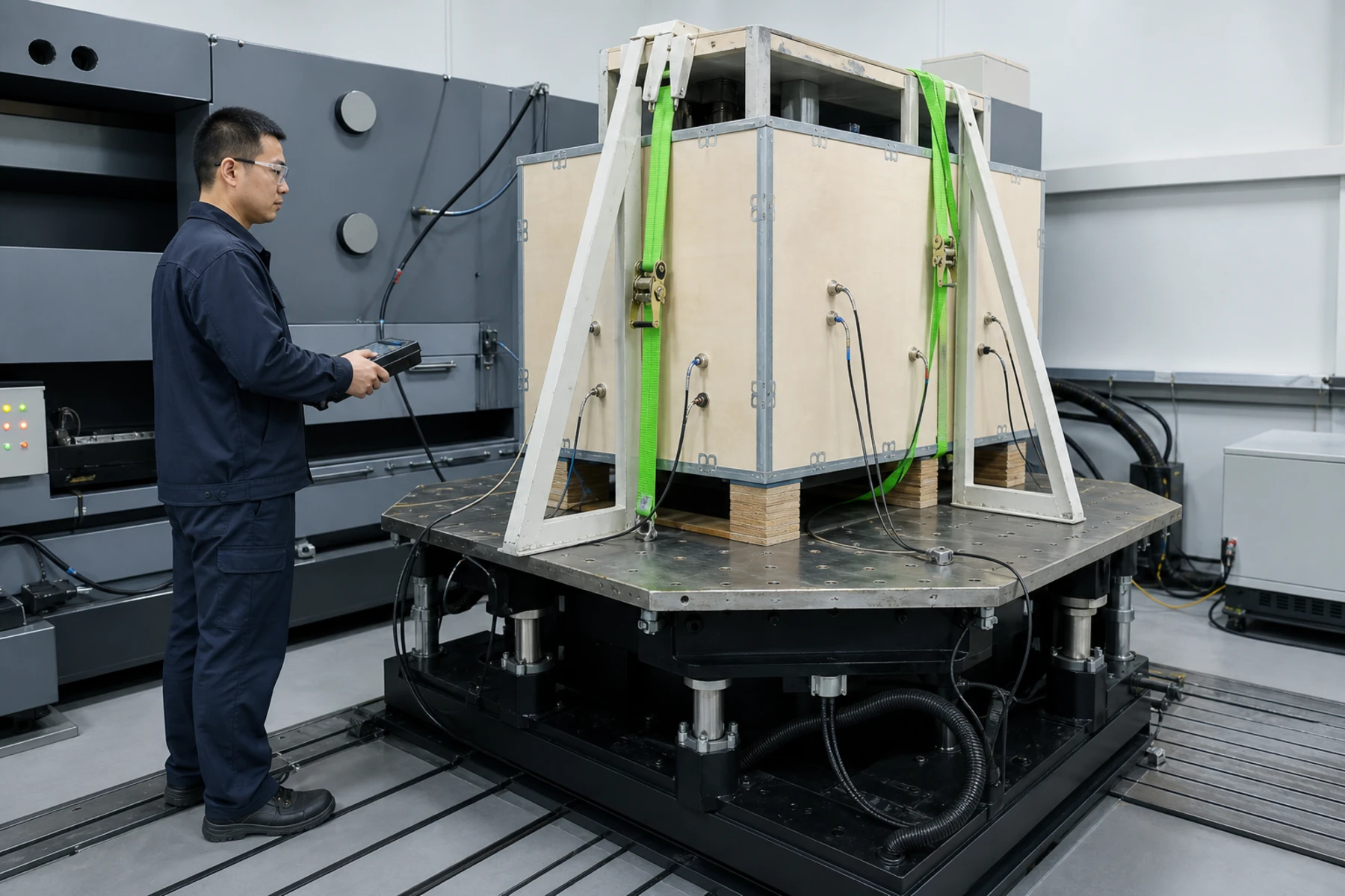 Illustration of crated compressor equipment fixed to a vibration test platform